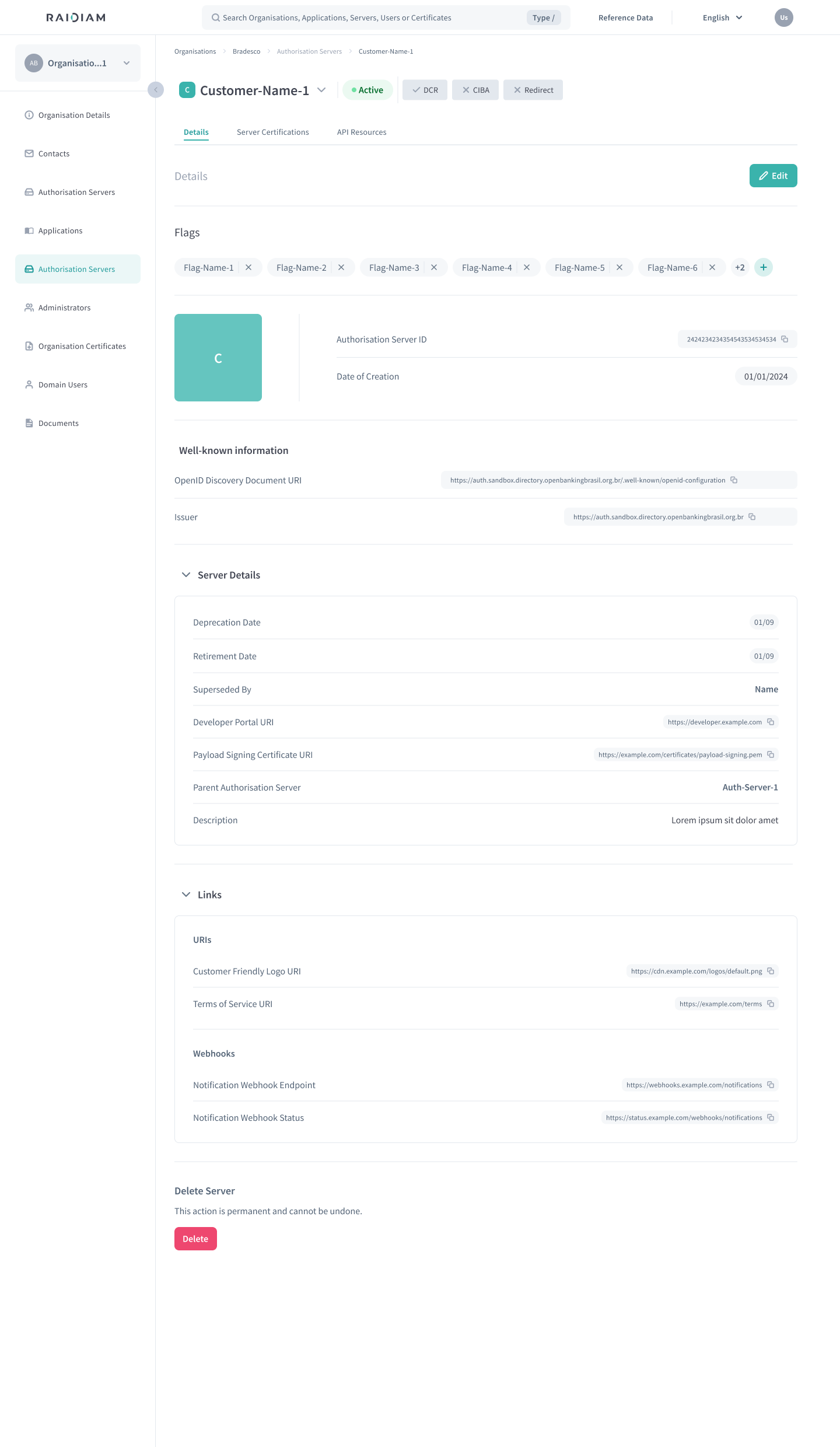 Authorisation Server Details Experience